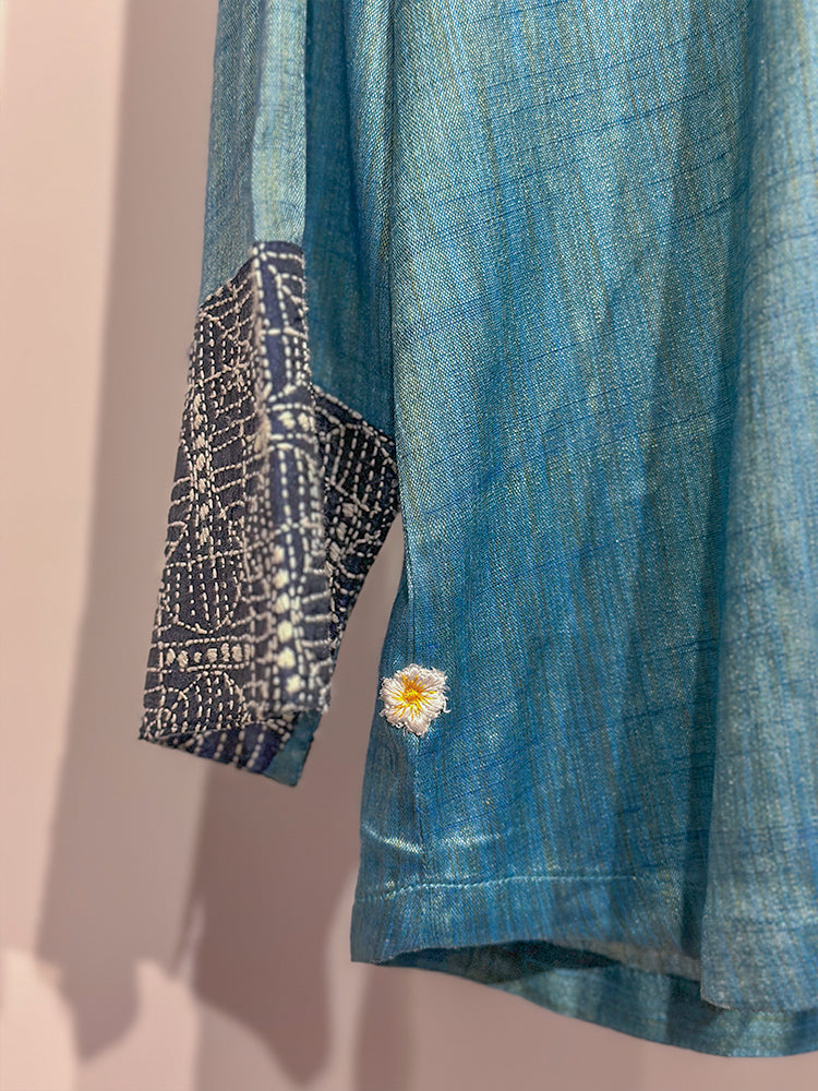 Sky Blue Kosa Silk & Black Kantha Detail Shirt