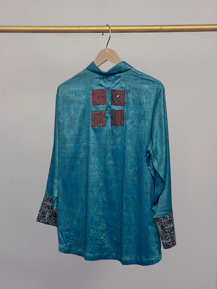 Sky Blue Kosa Silk & Black Kantha Detail Shirt