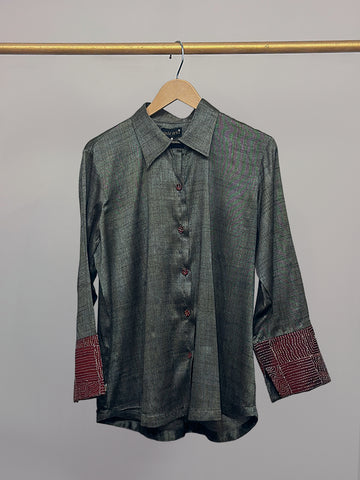 Menhdi Green Kosa Silk & Maroon Kantha Detail shirt