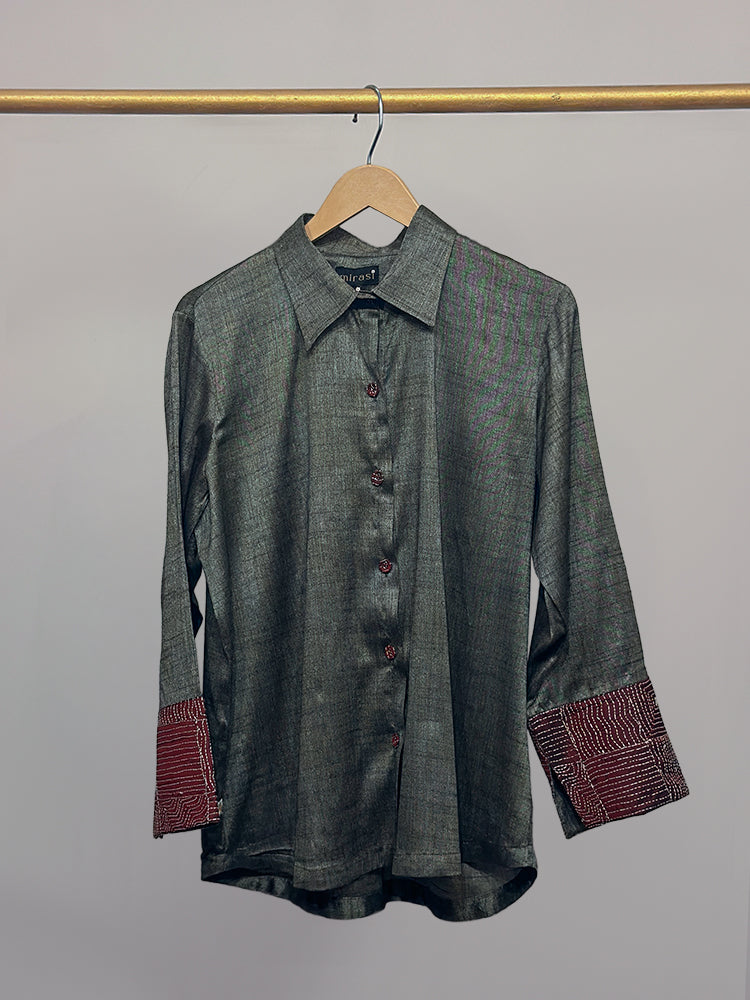 Menhdi Green Kosa Silk & Maroon Kantha Detail shirt