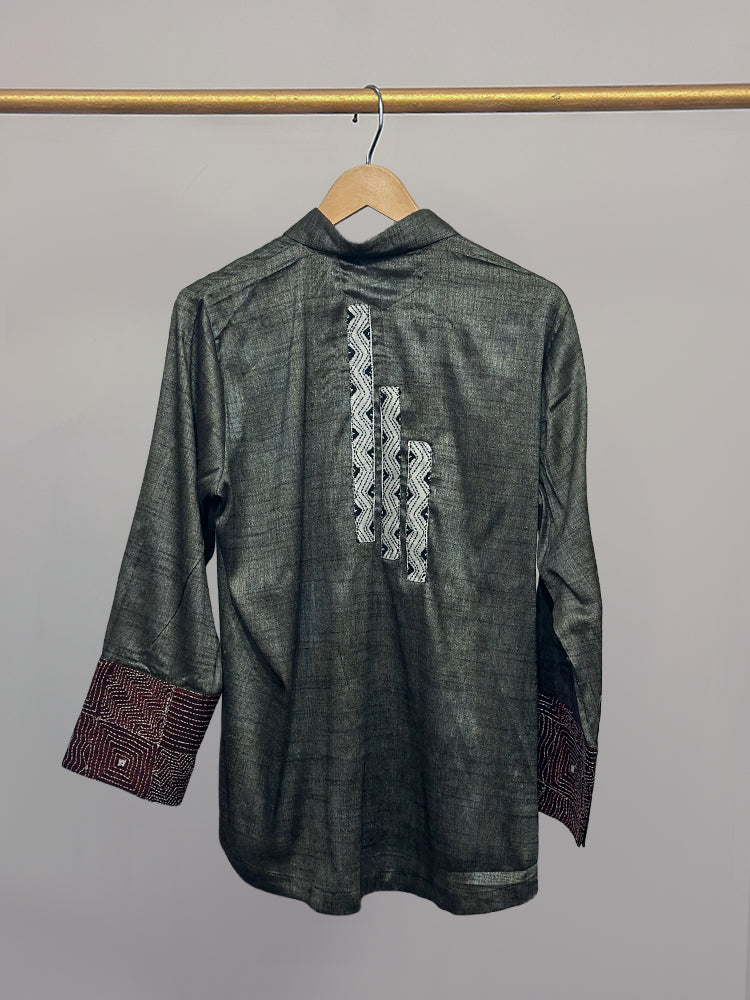 Menhdi Green Kosa Silk & Maroon Kantha Detail shirt