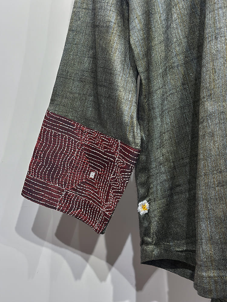 Menhdi Green Kosa Silk & Maroon Kantha Detail shirt