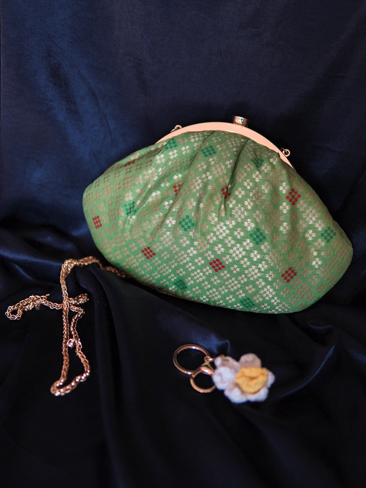 Pista Green Champa Banarasi Small Clutch Bag