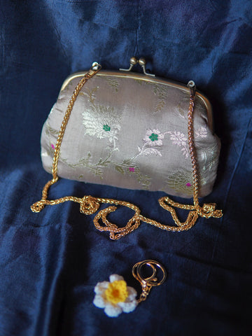 Silver Mogra Banarasi Medium Clutch Bag