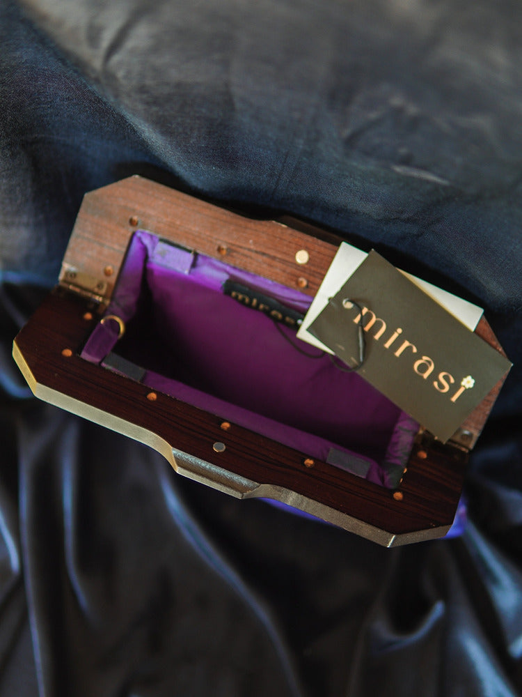 Purple Orchid Ikat Rawsilk Wooden Handle Clutch Bag