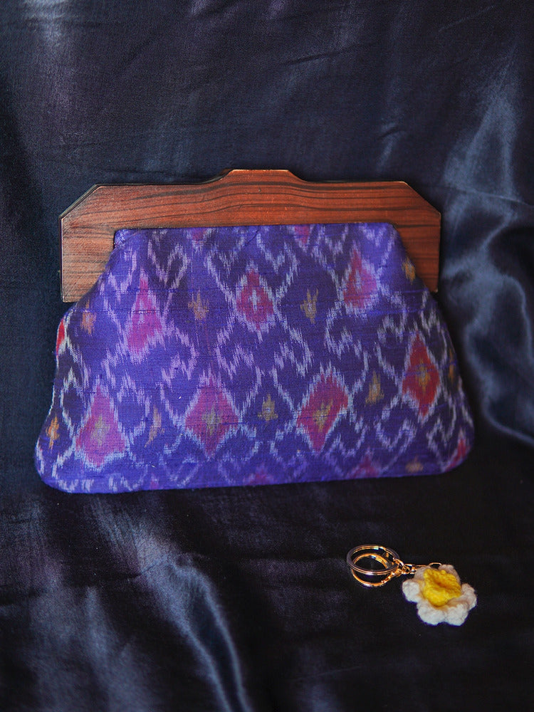 Purple Orchid Ikat Rawsilk Wooden Handle Clutch Bag