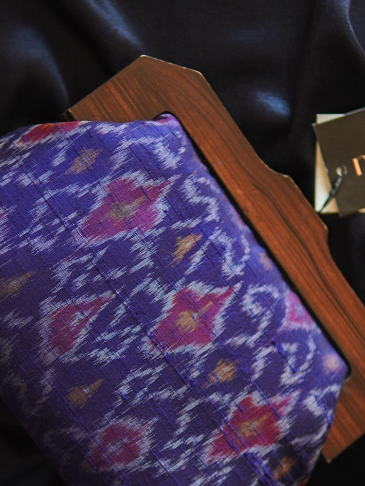 Purple Orchid Ikat Rawsilk Wooden Handle Clutch Bag