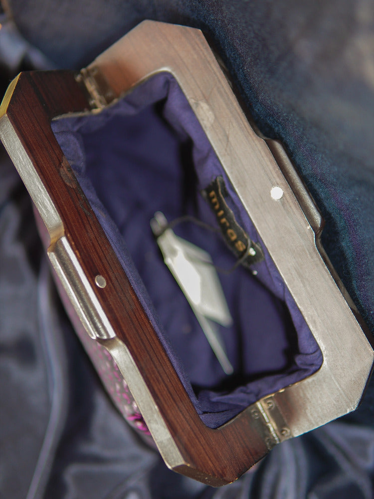 Violet Orchid Tanchoi Wooden Handle Clutch Bag