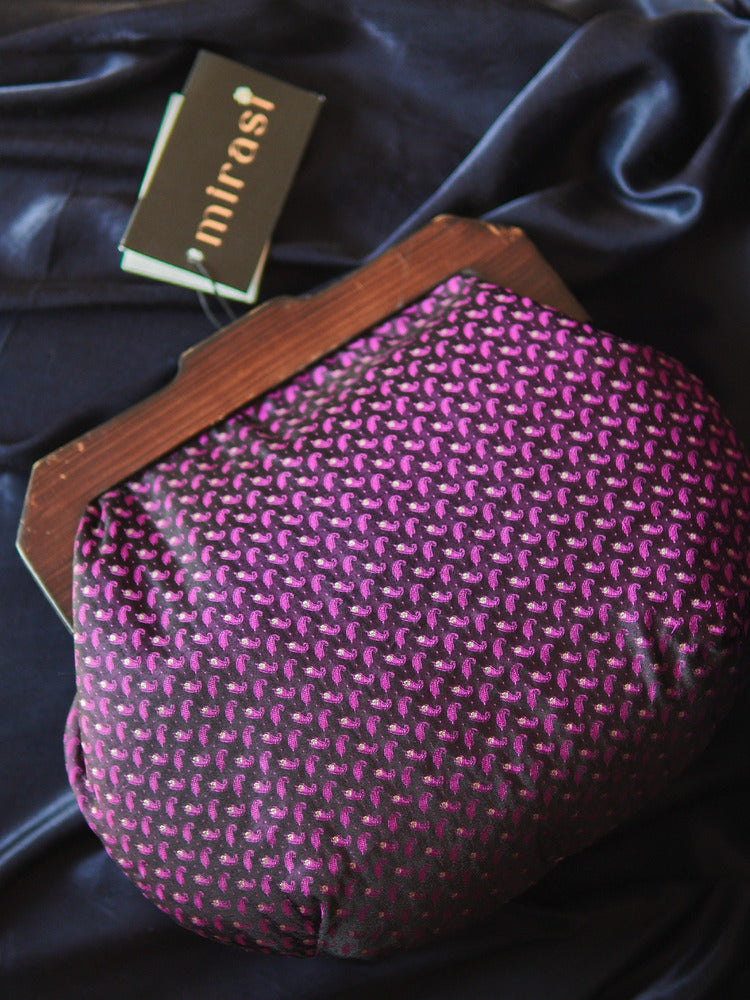 Violet Orchid Tanchoi Wooden Handle Clutch Bag