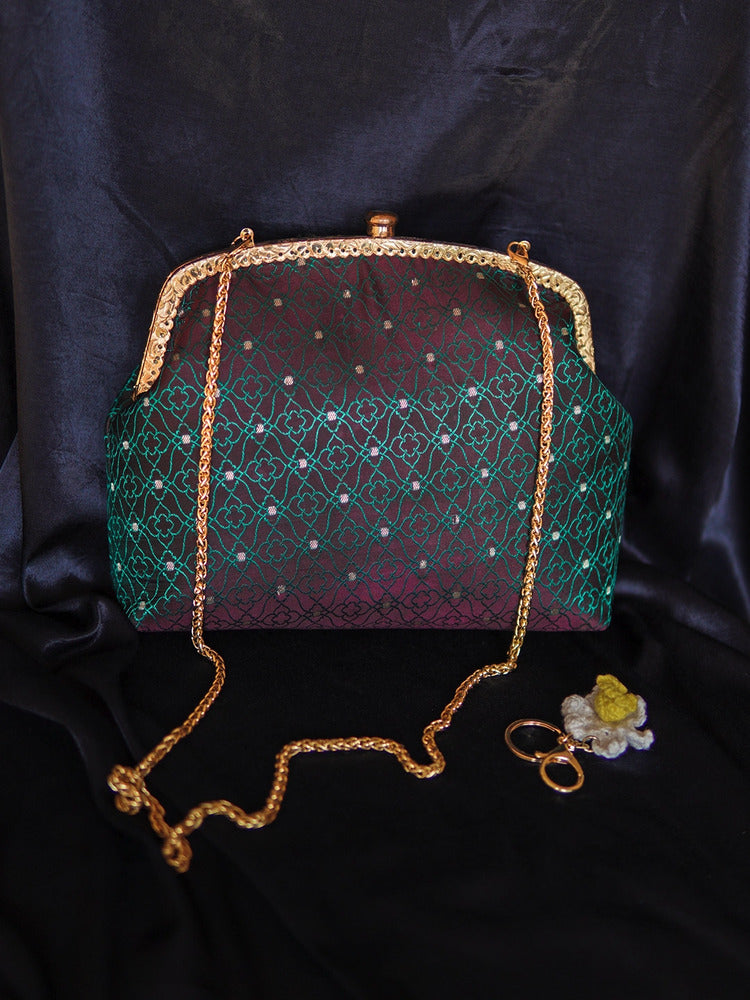 Dual Toned Teal Parijat Tanchoi Medium Clutch Bag
