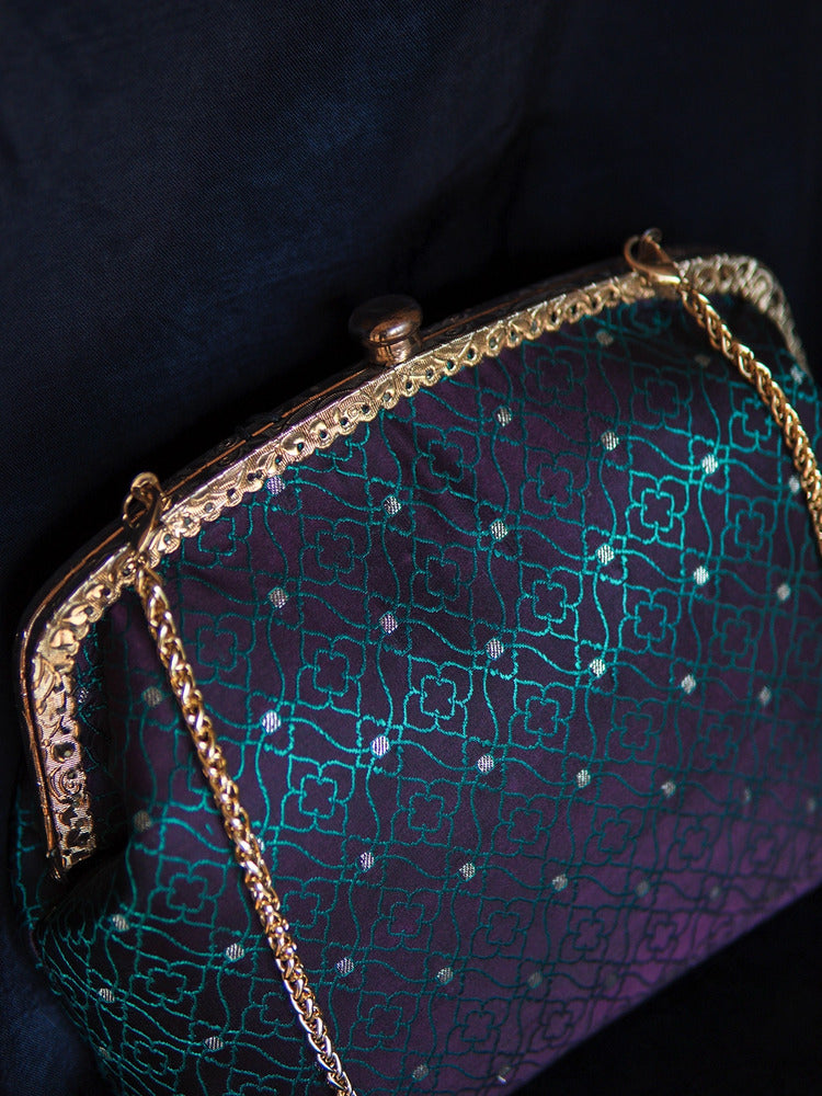 Dual Toned Teal Parijat Tanchoi Medium Clutch Bag