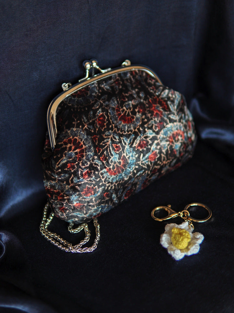 Black Raat Rani Ajrakh Velvet Medium Clutch Bag