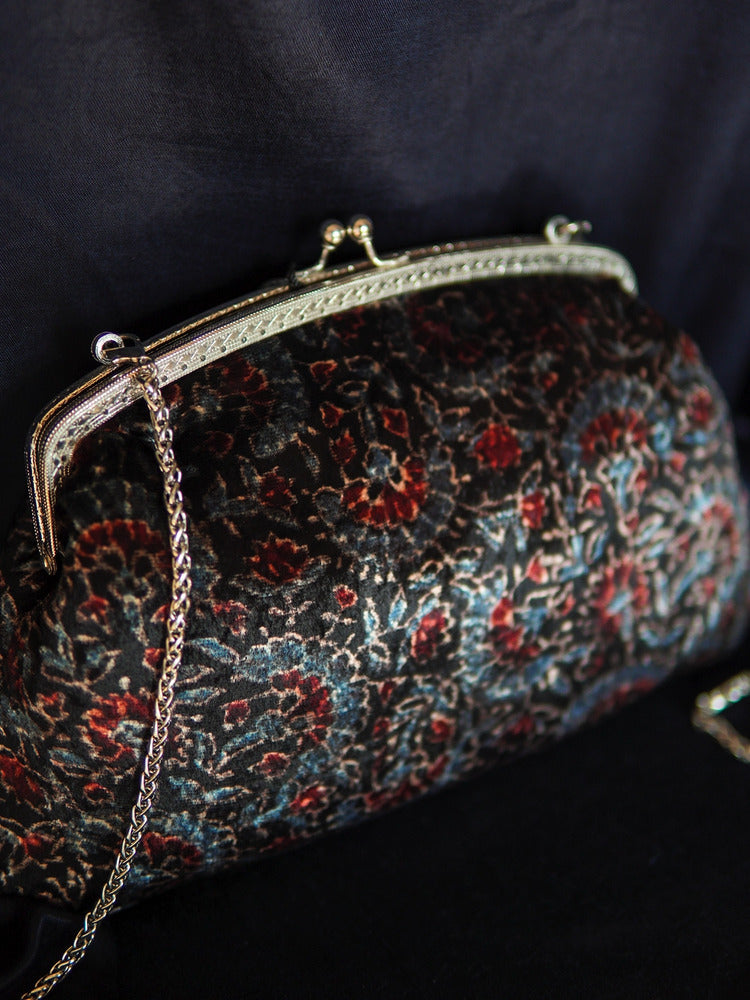 Black Raat Rani Ajrakh Velvet Medium Clutch Bag