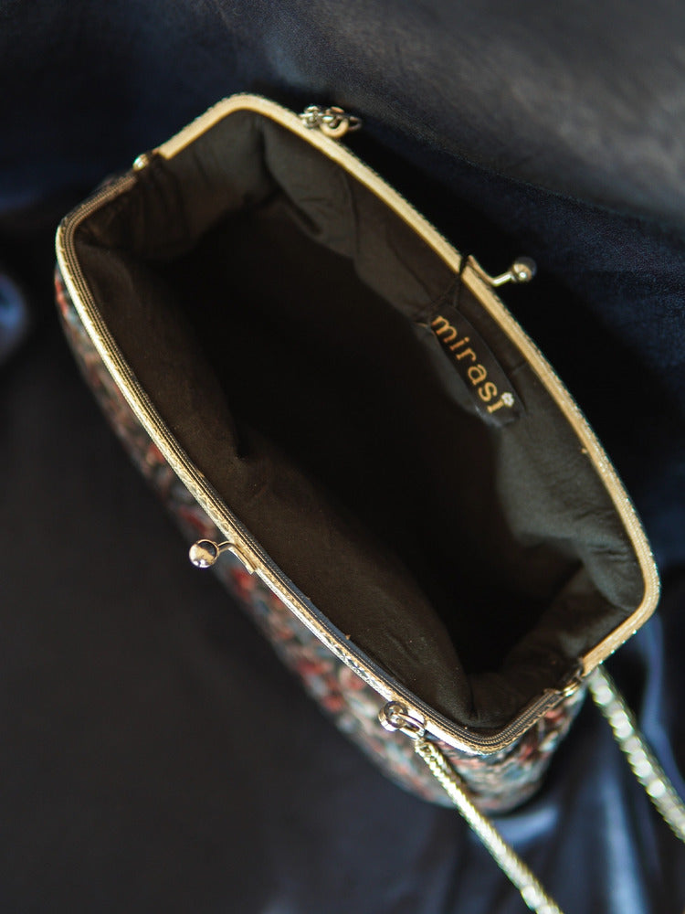 Black Raat Rani Ajrakh Velvet Medium Clutch Bag