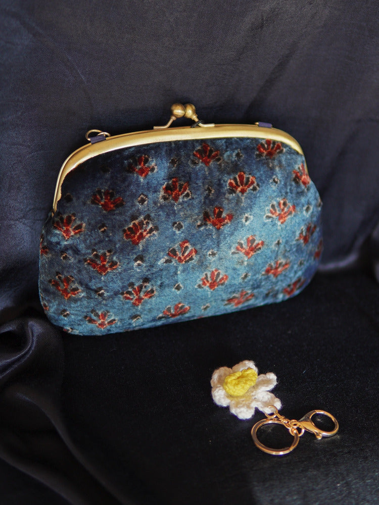 Blue Neelkanth Ajrakh Velvet Medium Clutch Bag