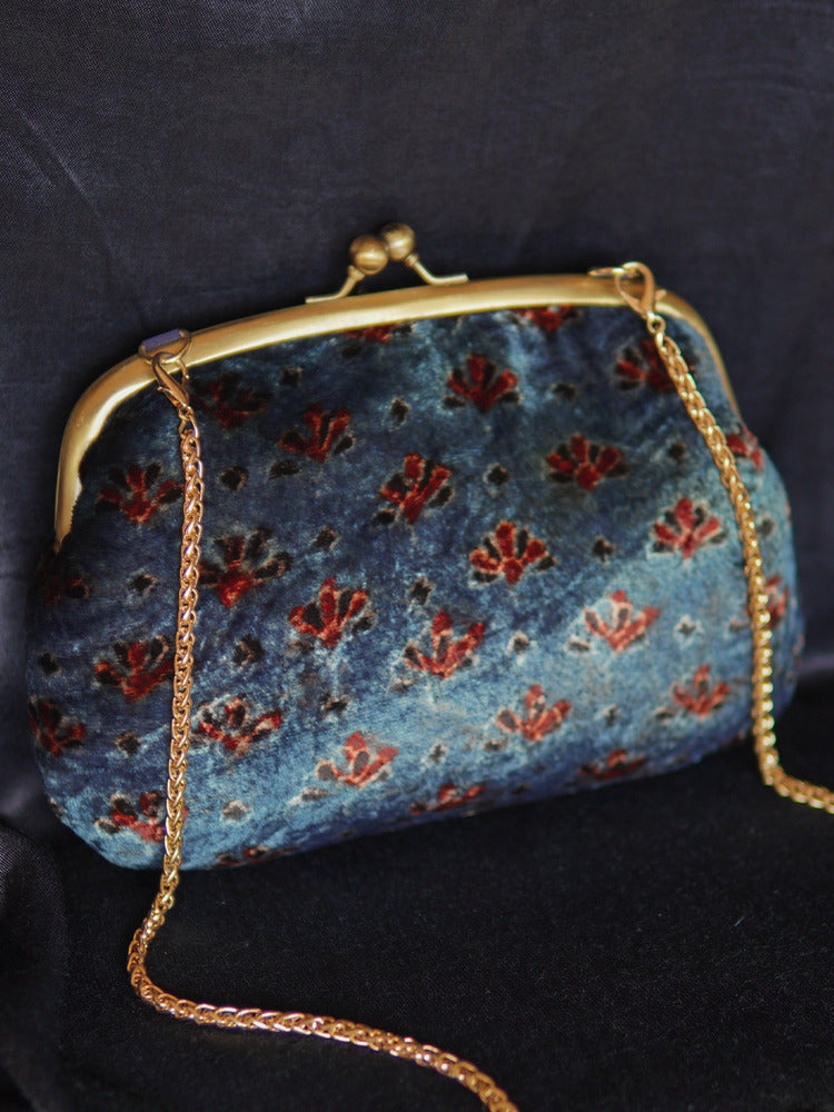 Blue Neelkanth Ajrakh Velvet Medium Clutch Bag
