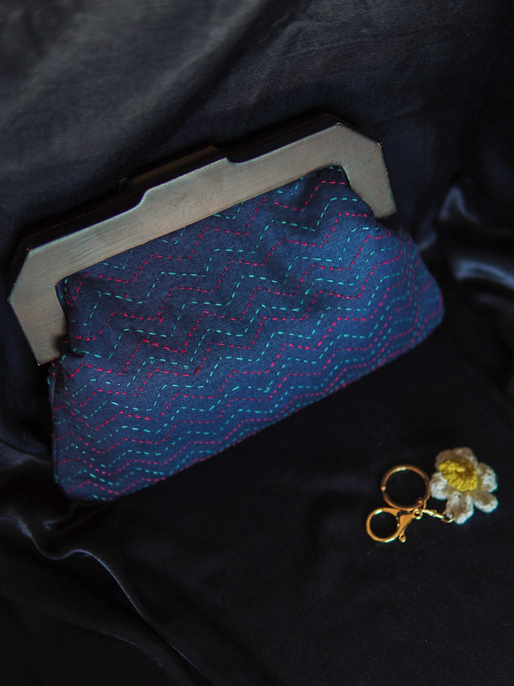Blue Aparajita Kantha Wooden Handle Clutch Bag