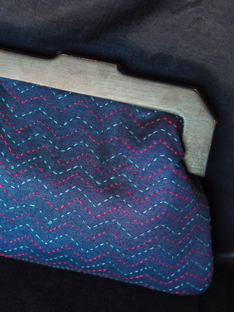 Blue Aparajita Kantha Wooden Handle Clutch Bag