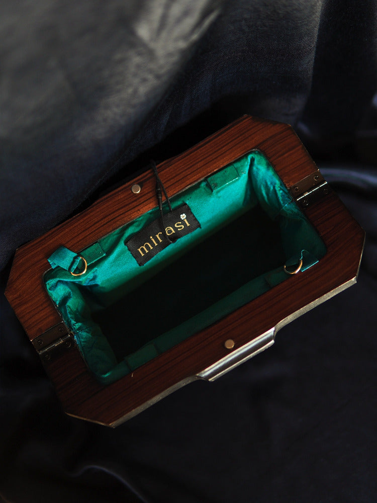 Blue Aparajita Kantha Wooden Handle Clutch Bag