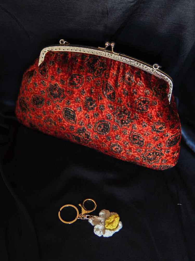 Red Camellia Ajrakh Velvet Large Clutch Bag