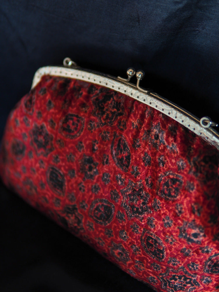 Red Camellia Ajrakh Velvet Large Clutch Bag