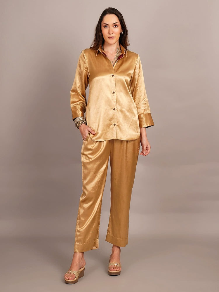 Beige Mashru & Ajrakh Sleeve Detail Shirt Coord Set