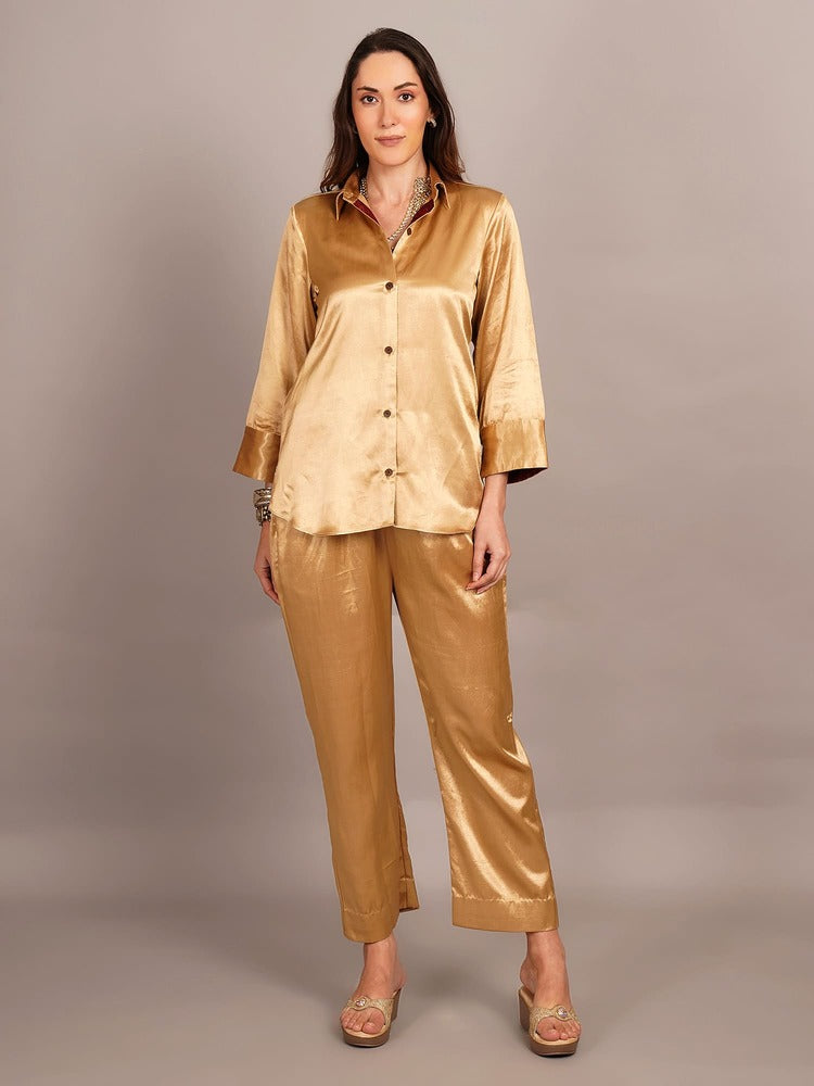 Beige Mashru & Ajrakh Sleeve Detail Shirt Coord Set
