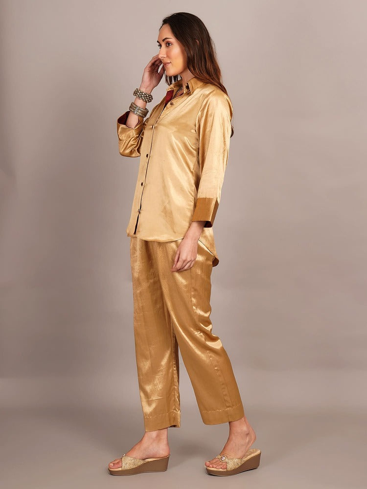 Beige Mashru & Ajrakh Sleeve Detail Shirt Coord Set