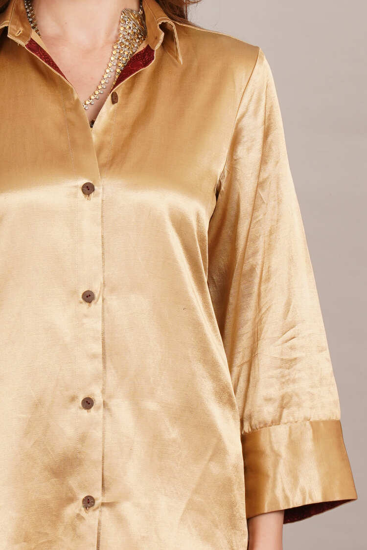 Beige Mashru & Ajrakh Sleeve Detail Shirt Coord Set