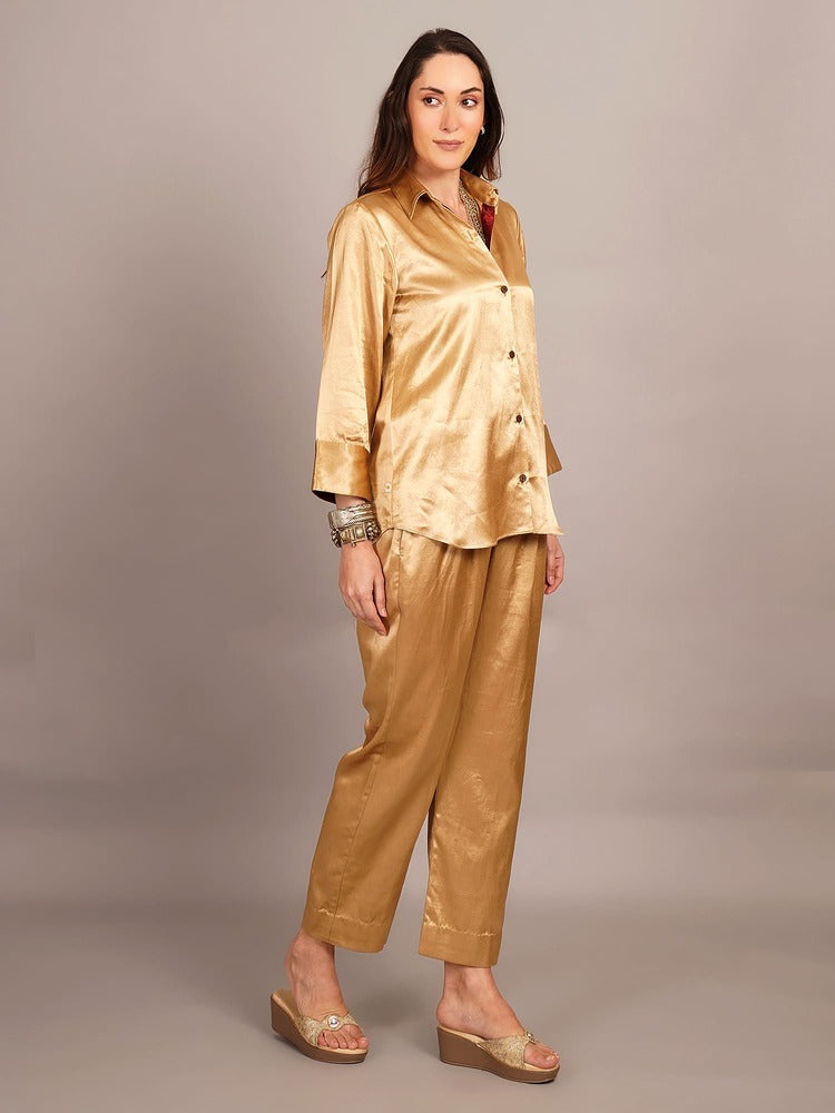 Beige Mashru & Ajrakh Sleeve Detail Shirt Coord Set