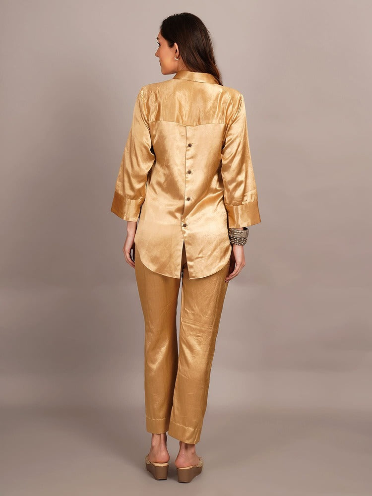 Beige Mashru & Ajrakh Sleeve Detail Shirt Coord Set