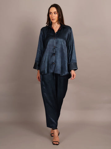 Grey Mashru & Ajrakh Silk Sleeve Detail Shirt Coord Set