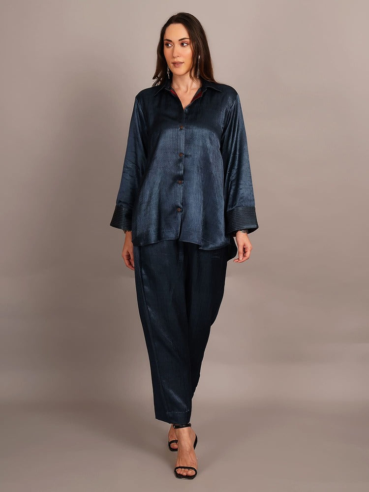 Grey Mashru & Ajrakh Silk Sleeve Detail Shirt Coord Set