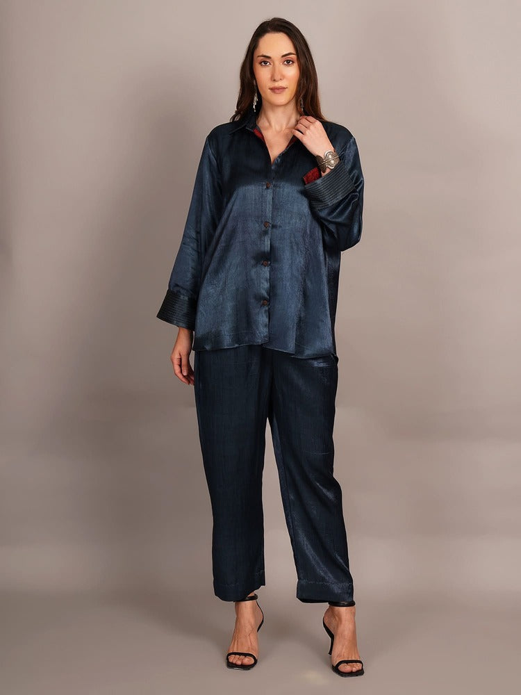 Grey Mashru & Ajrakh Silk Sleeve Detail Shirt Coord Set