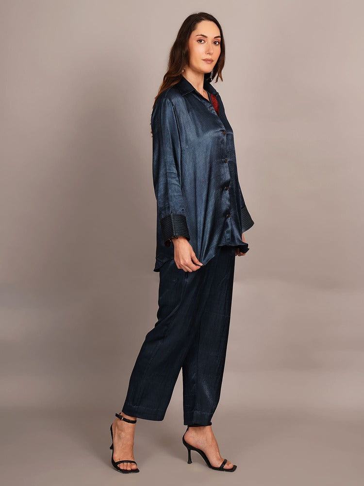 Grey Mashru & Ajrakh Silk Sleeve Detail Shirt Coord Set