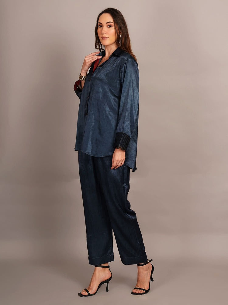 Grey Mashru & Ajrakh Silk Sleeve Detail Shirt Coord Set