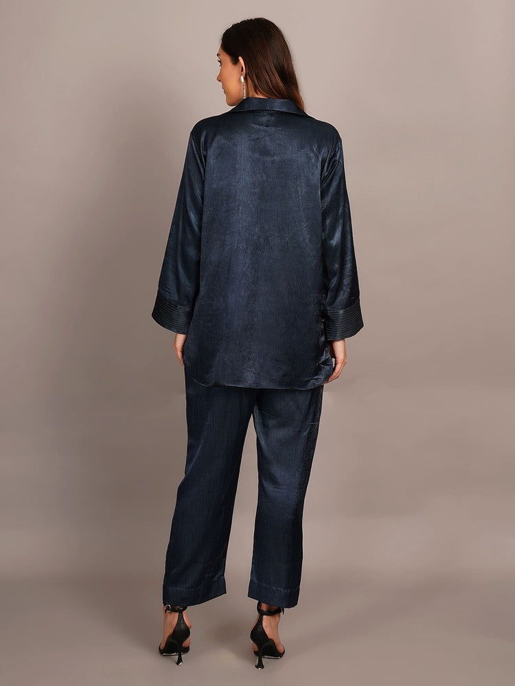 Grey Mashru & Ajrakh Silk Sleeve Detail Shirt Coord Set