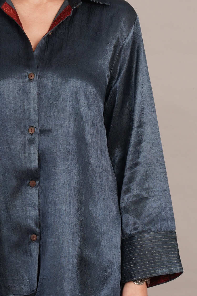 Grey Mashru & Ajrakh Silk Sleeve Detail Shirt Coord Set