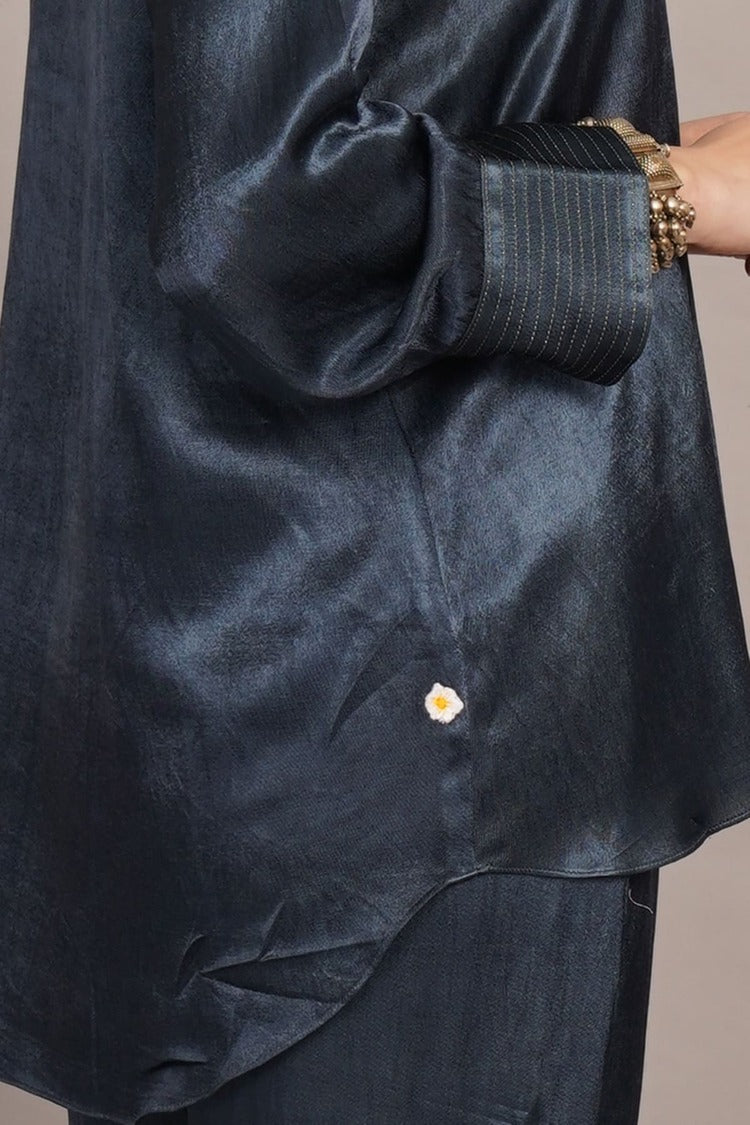 Grey Mashru & Ajrakh Silk Sleeve Detail Shirt Coord Set