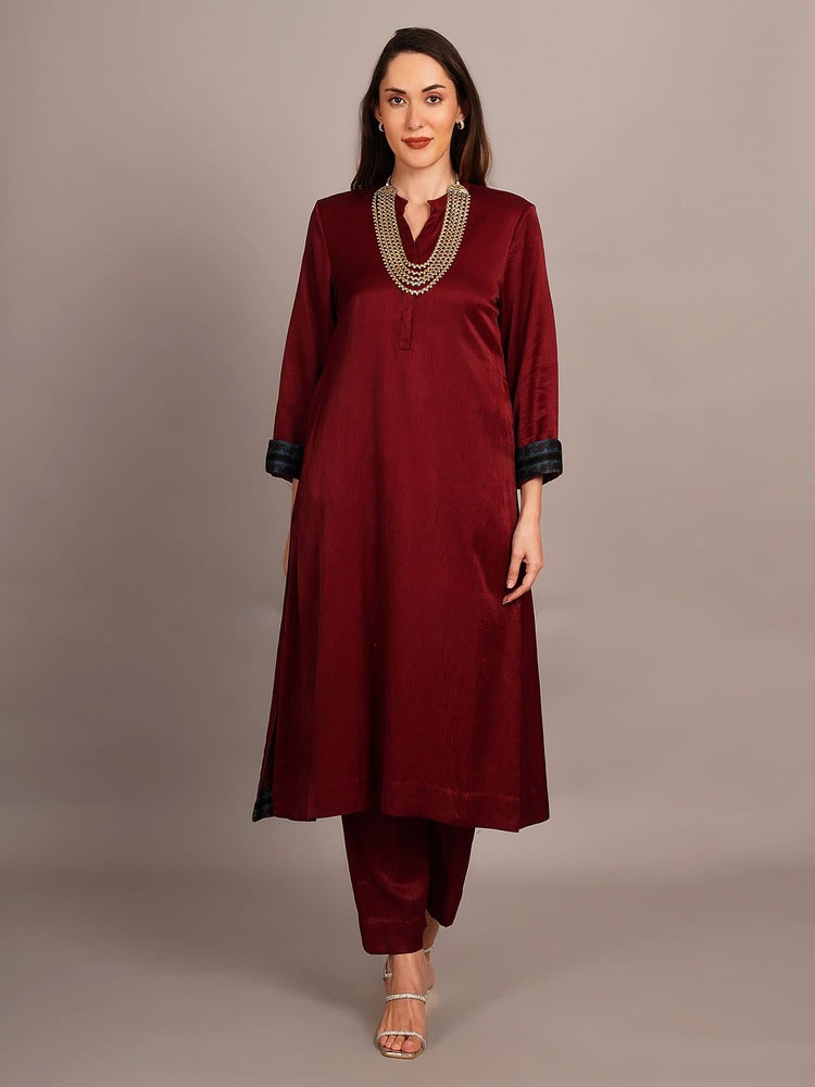 Maroon Mashru Kurta Coord Set