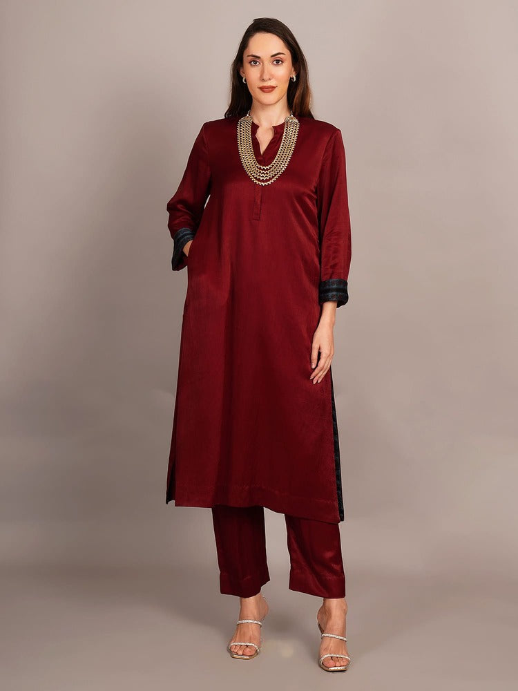 Maroon Mashru Kurta Coord Set