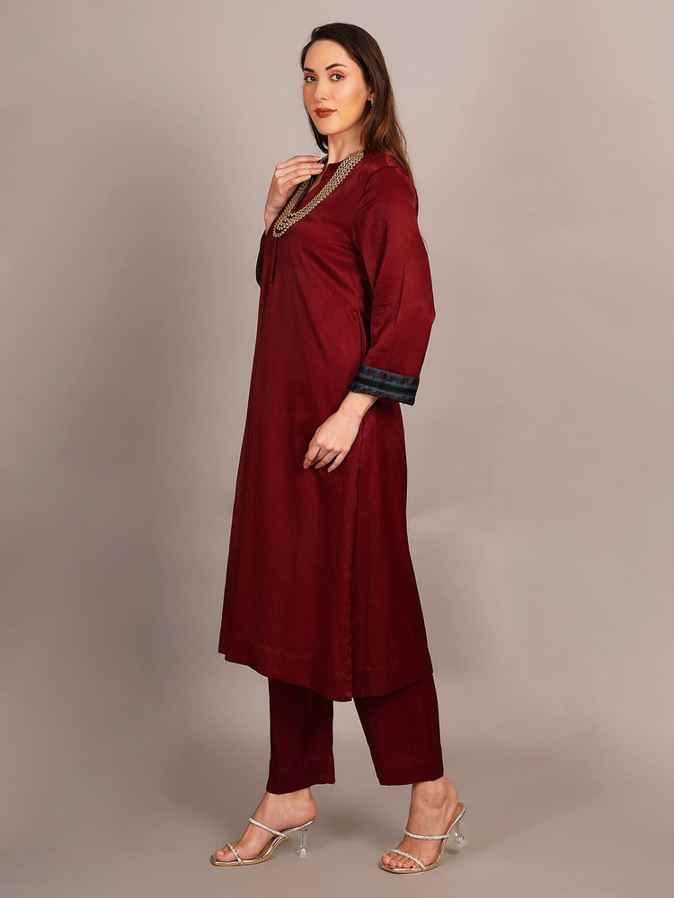 Maroon Mashru Kurta Coord Set