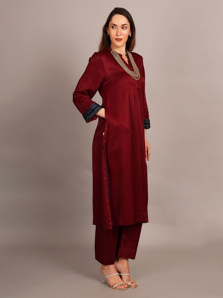 Maroon Mashru Kurta Coord Set