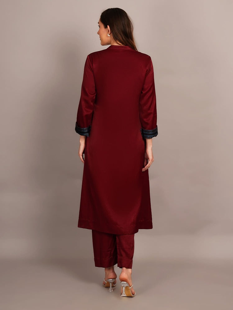 Maroon Mashru Kurta Coord Set