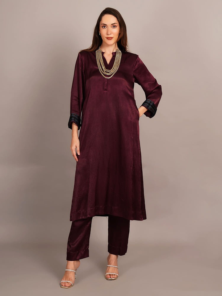 Wine Mashru Kurta Coord Set