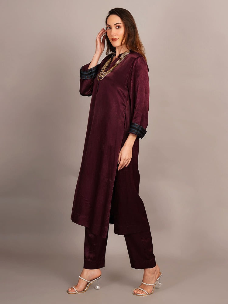 Wine Mashru Kurta Coord Set