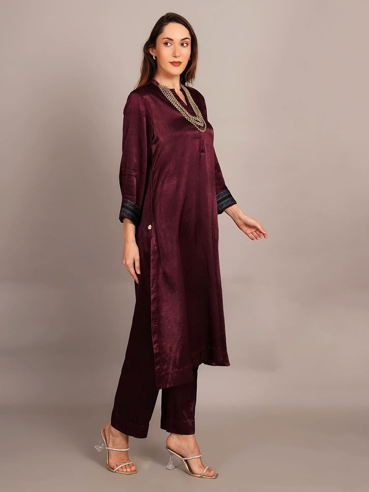 Wine Mashru Kurta Coord Set
