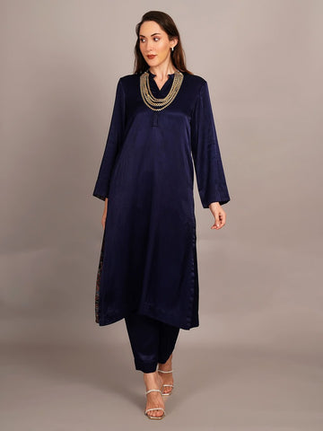 Navy Blue Mashru Kurta Coord Set