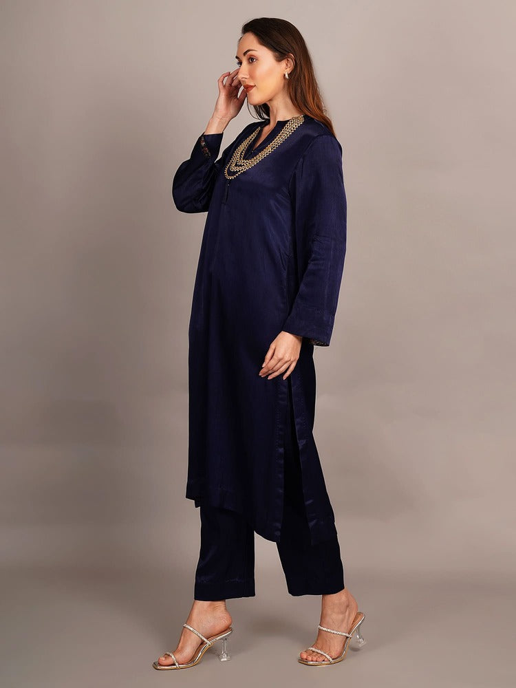 Navy Blue Mashru Kurta Coord Set