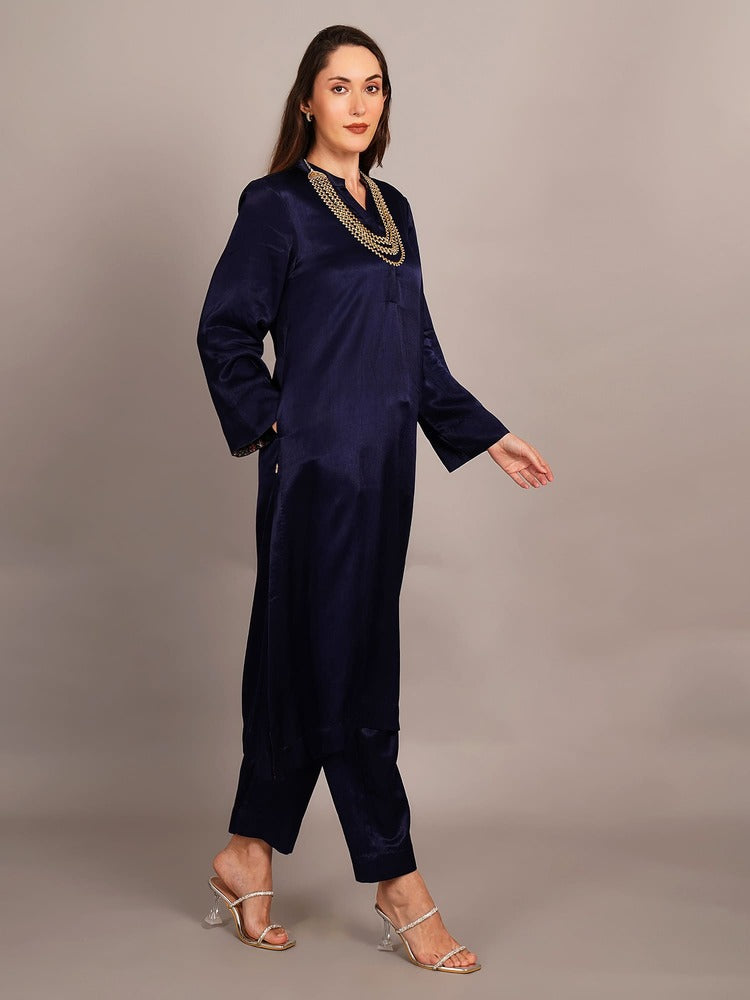 Navy Blue Mashru Kurta Coord Set